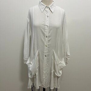 Pegasus White Long Sleeve Drape Pocket Button Up Blouse Dress